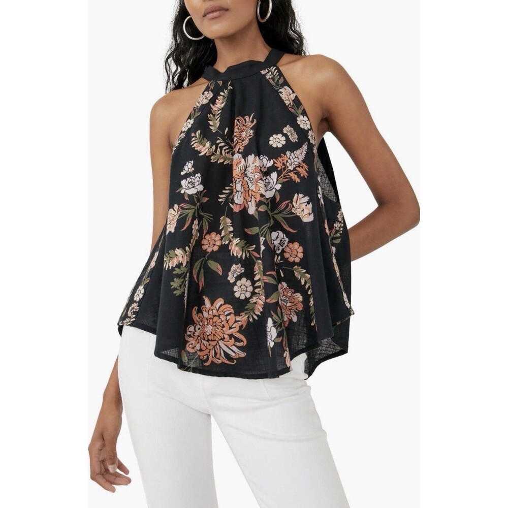 Free People Emily Printed Halter Tank Top Floral Black Sz Small Boho Flowy